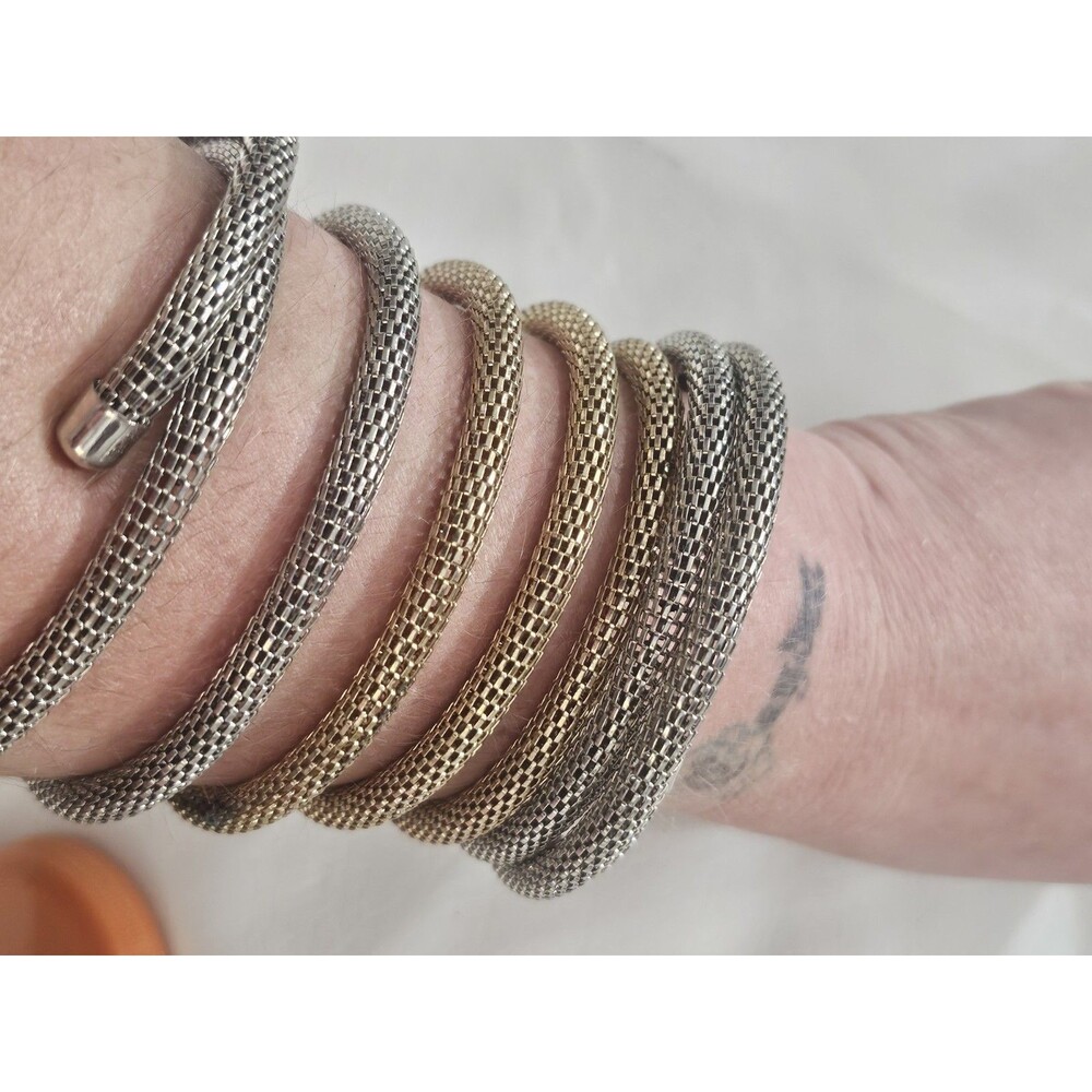 Silver & Gold Tone Mesh Stackable Bangle Bracelets + Pavé Crystal Cuff Set - Picture 3 of 8